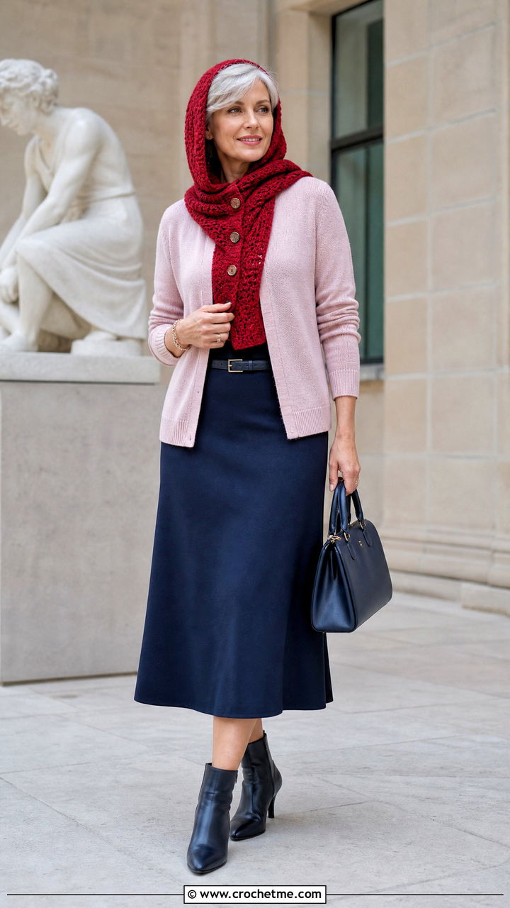 Button Front Hooded Scarf With Cardigan And Midi Skirt - 35 crochet hooded scarf outfit ideas