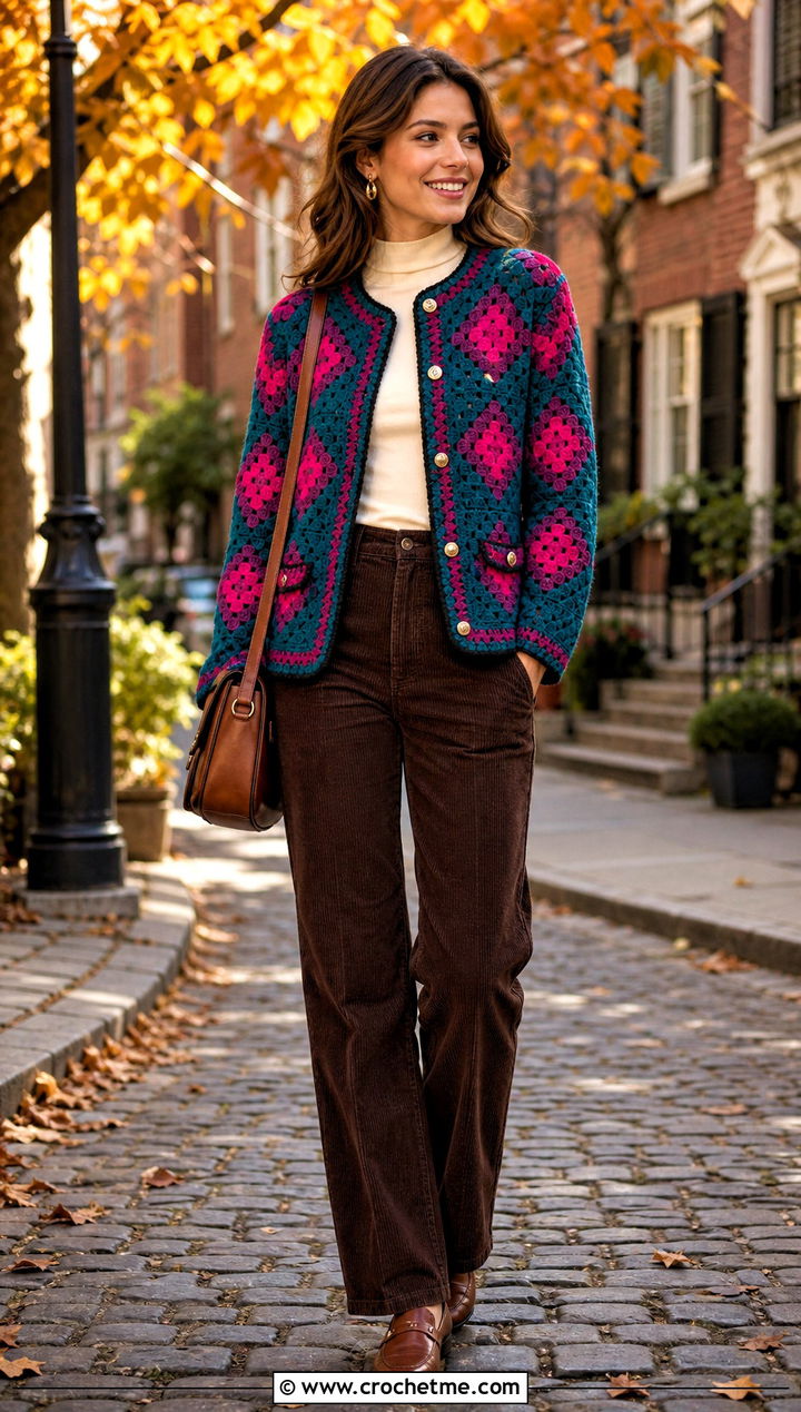 Button Front Howls Crochet Jacket With Corduroy Pants - 25 Howls Crochet Jacket outfit ideas