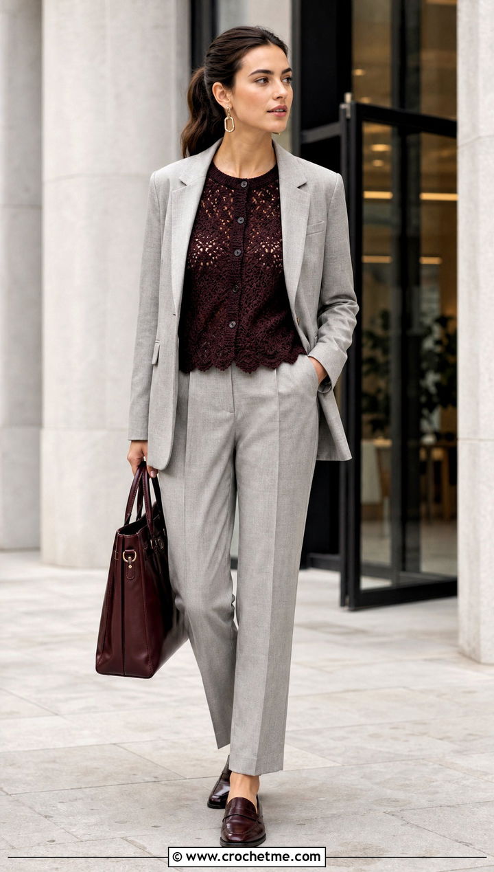 Button Front Lace Crochet Cardigan With Matching Suit - 25 Lacy Crochet Cardigan outfit ideas