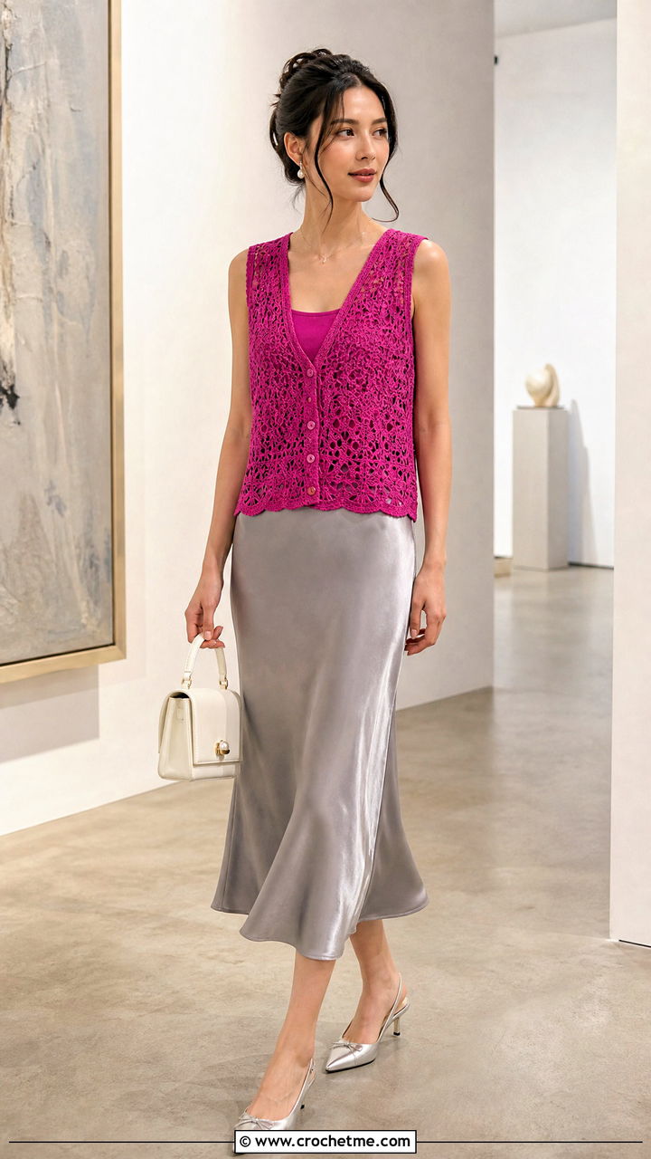 Button Front Lace Crochet Waistcoat With Satin Midi Skirt - 35 crochet waistcoat outfit ideas