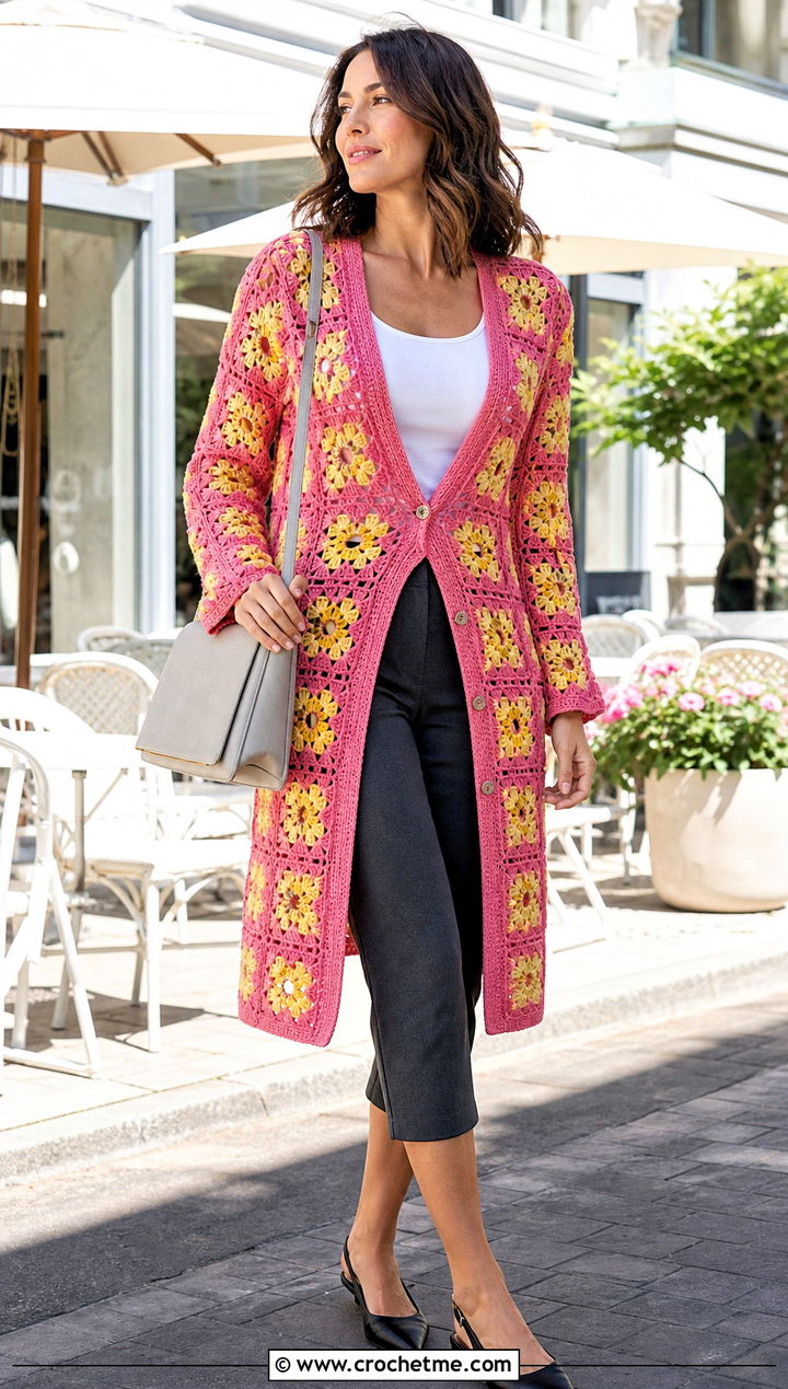 Button Front Long Granny Square Cardigan With Capri Pants - 35 long granny square cardigan outfit ideas