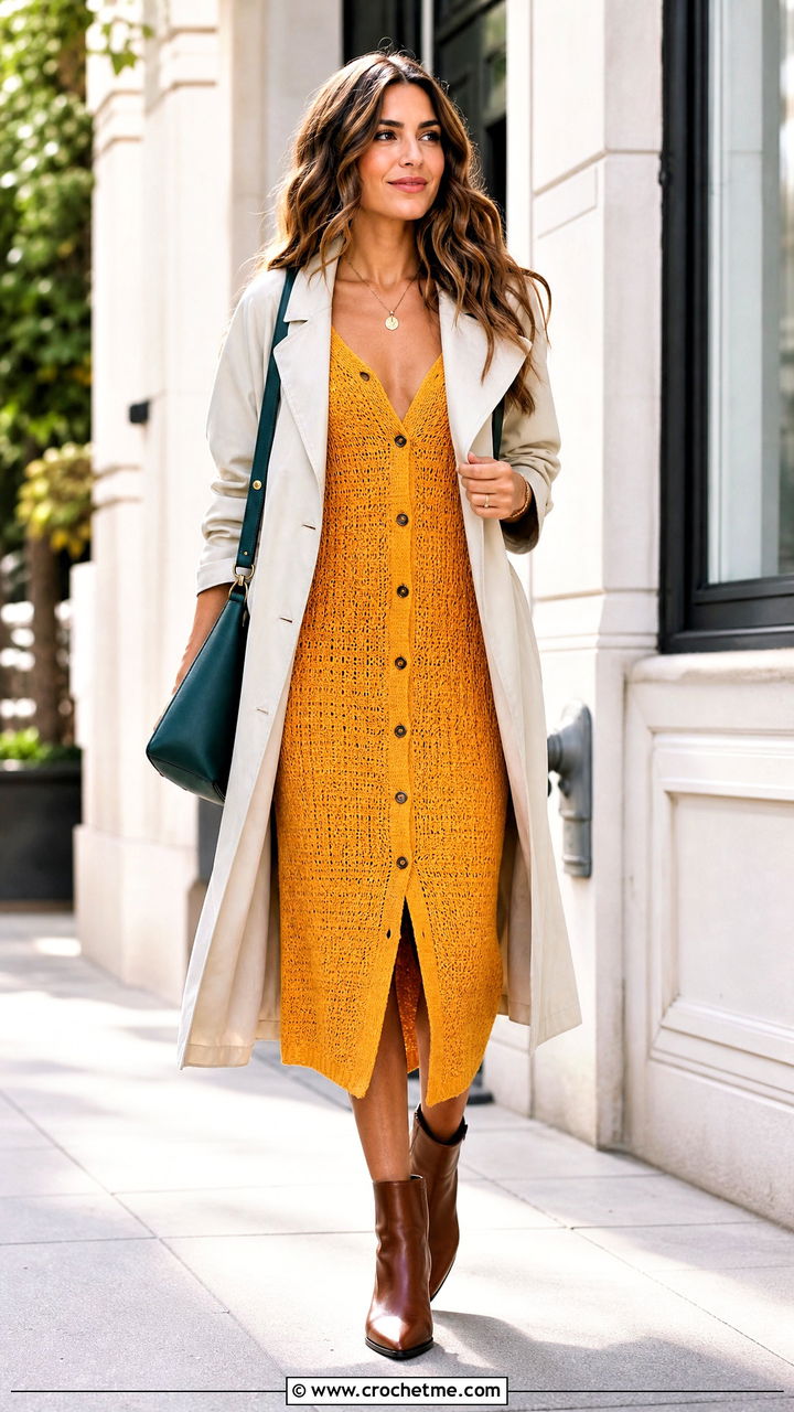 Button Front Midi Crochet Bodycon Dress With Ankle Boots - 35 crochet bodycon dresses outfit ideas