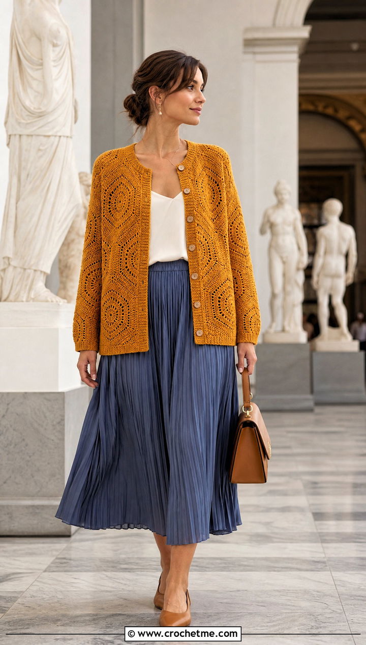 Button Front Octagon Crochet Cardigan With Pleated Midi Skirt - 25 Octagon Crochet Cardigan outfit ideas