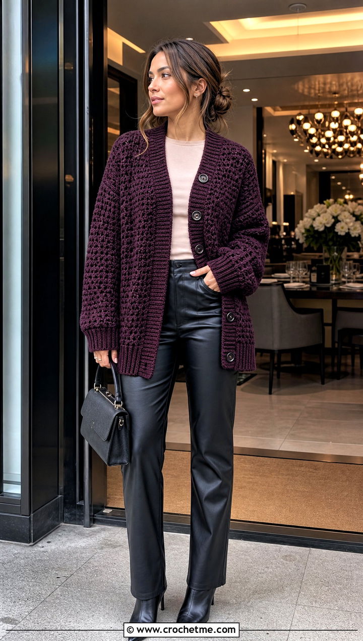Button Front Oversized Chunky Crochet Cardigan With Leather Pants - 25 oversized chunky crochet cardigan outfit ideas
