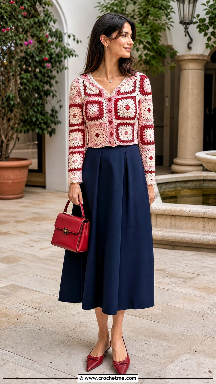 Button Front Patchwork Cardigan With A Line Midi Skirt - 35 crochet patchwork cardigan outfit ideas