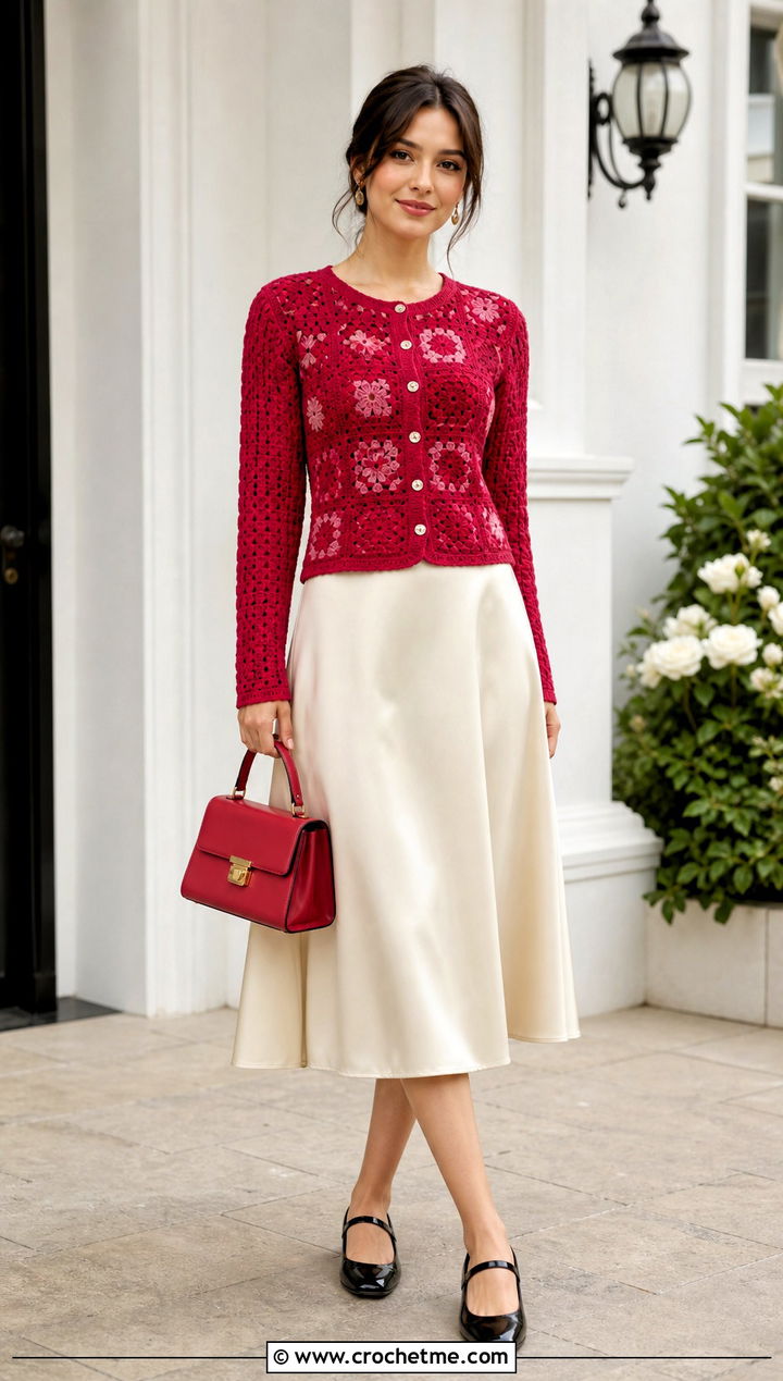 Button Front Patchwork Cardigan With an A Line Midi Skirt - 30 crochet patch work cardigan outfit ideas