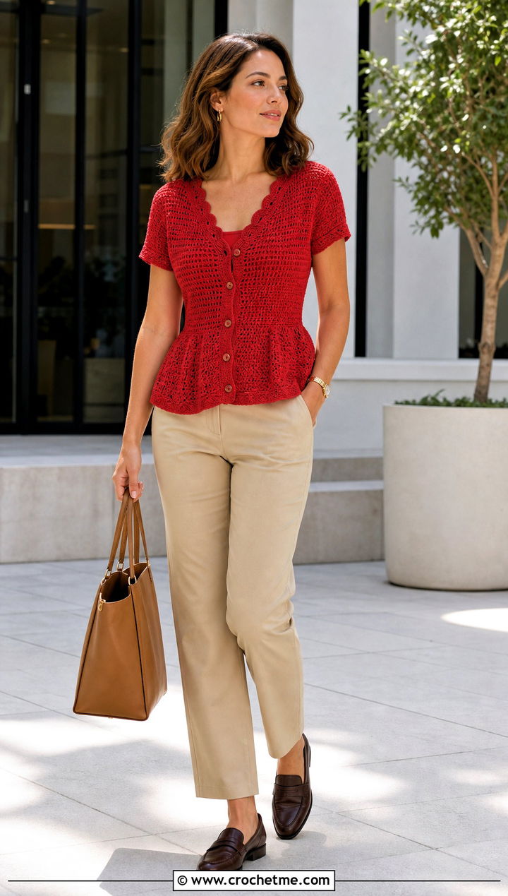 Button Front Peplum Crochet Top With Chino Pants - 35 peplum crochet top outfit ideas