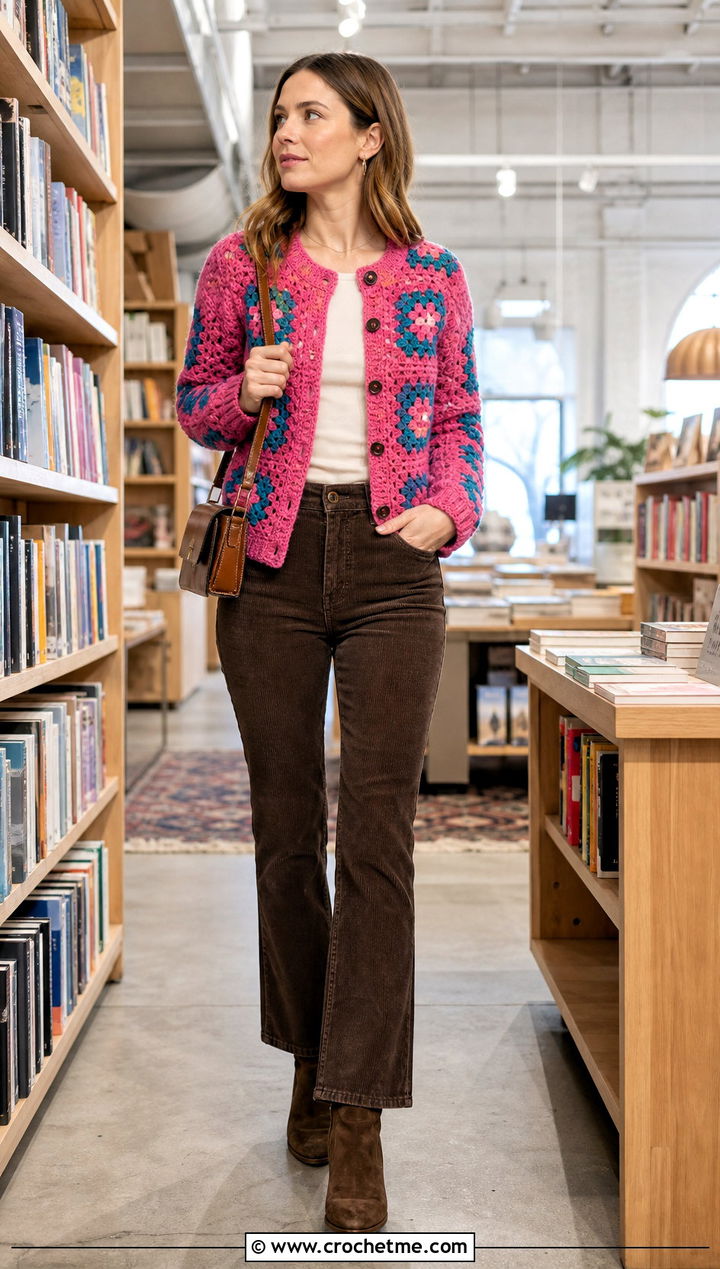 Button Front Pink Granny Square Cardigan With Corduroy Pants - 35 pink granny square cardigan outfit ideas