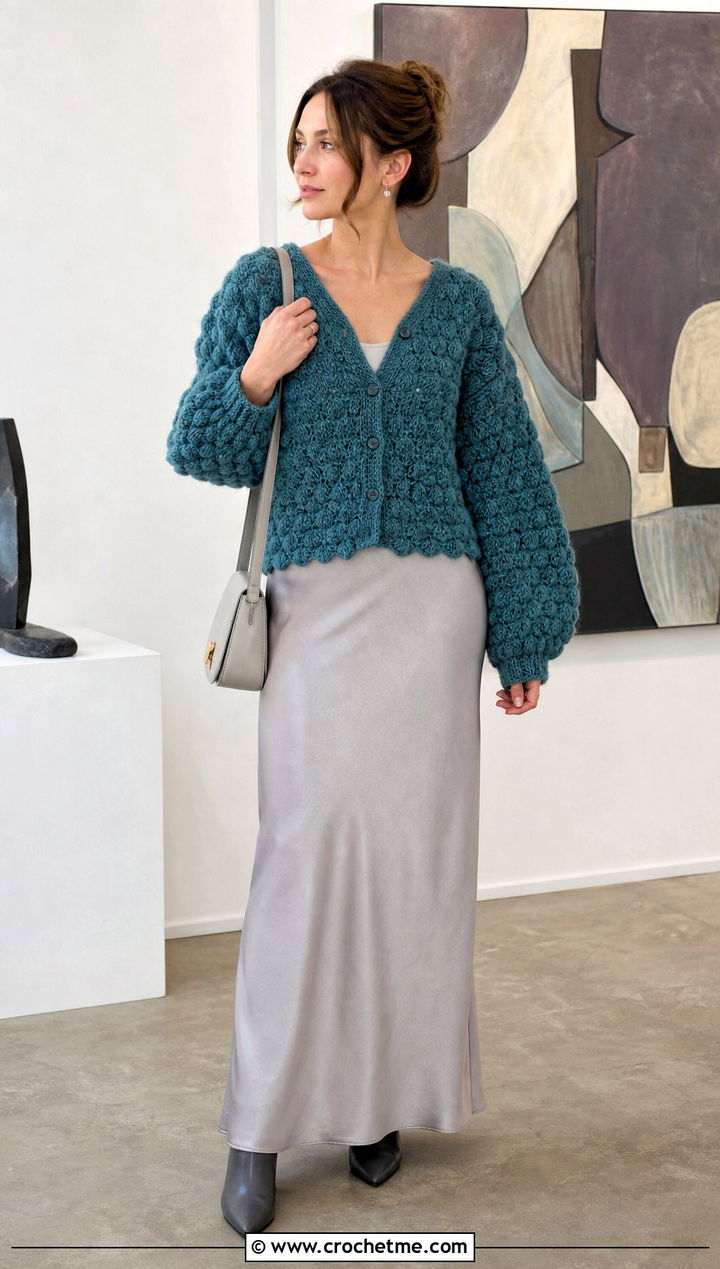 Button Front Puffy Crochet Cardigan With Maxi Skirt - 30 puffy crochet cardigan outfit ideas