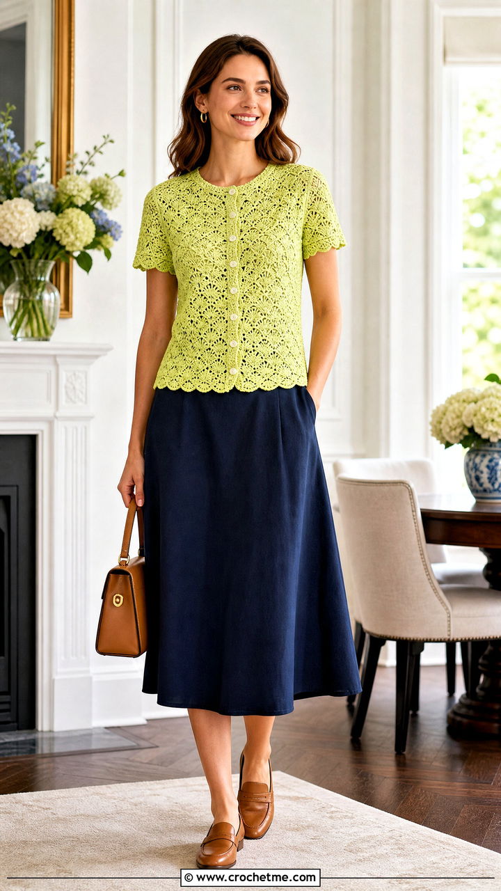 Button Front Shell Stitch Crochet Top With A Line Skirt - 35 crochet top with sleeves outfit ideas