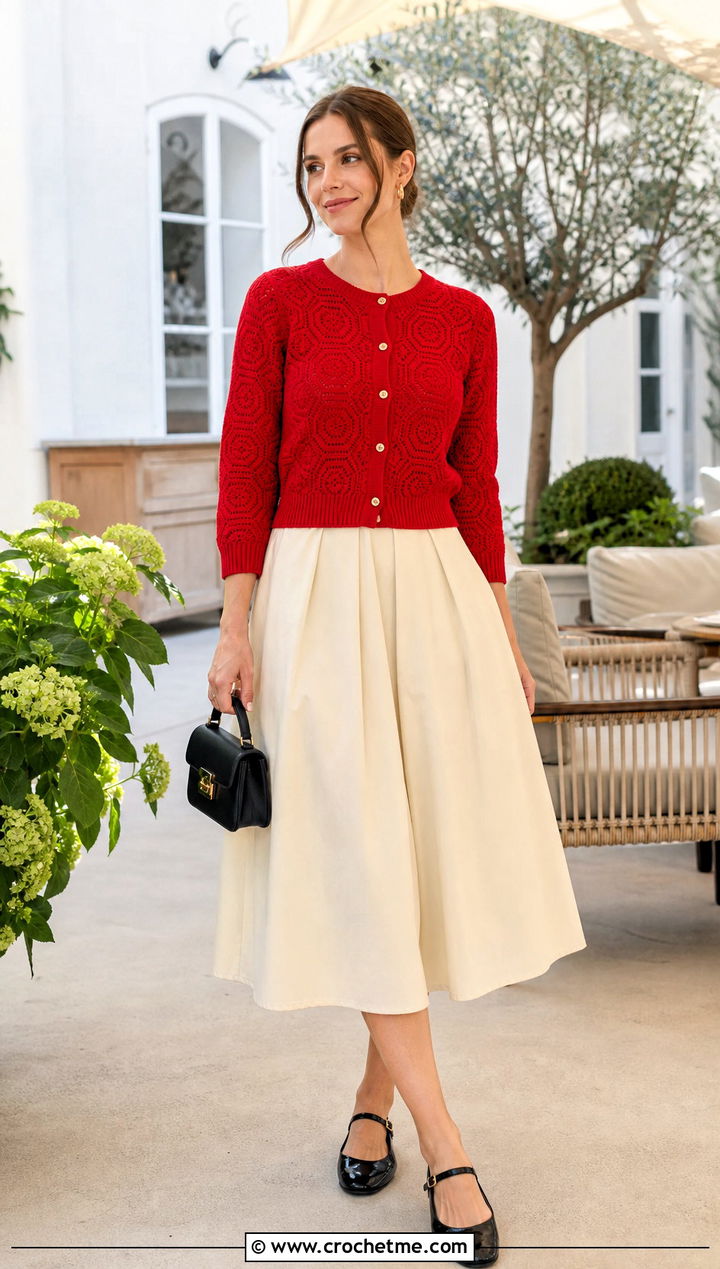 Button Front Solid Hexagon Cardigan With A Line Midi Skirt - 30 crochet solid hexagon cardigan outfit ideas