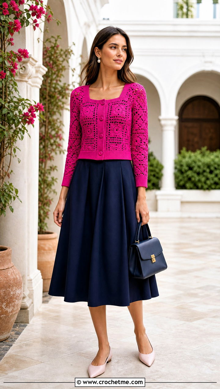 Button Front Square Cardigan With A Line Midi Skirt - 30 crochet square cardigan outfit ideas