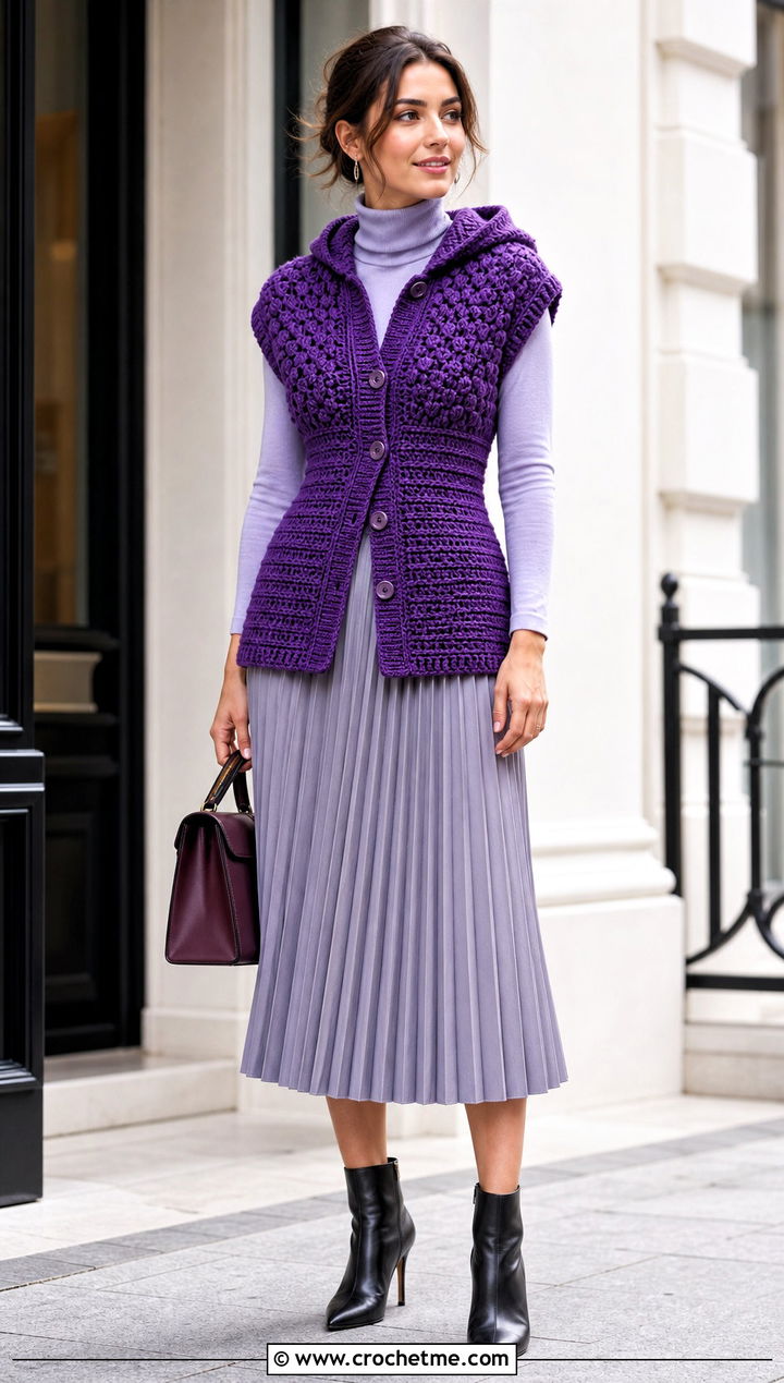 Button Front Textured Crochet Vest With Hood And Midi Skirt - 30 crochet vest with hood outfit ideas