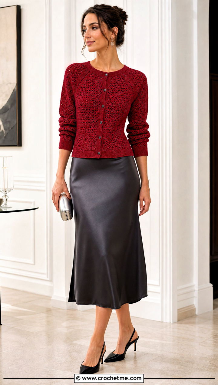 Button Front Top Down Crochet Raglan Cardigan With Satin Midi Skirt - 25 top down crochet raglan cardigan outfit ideas