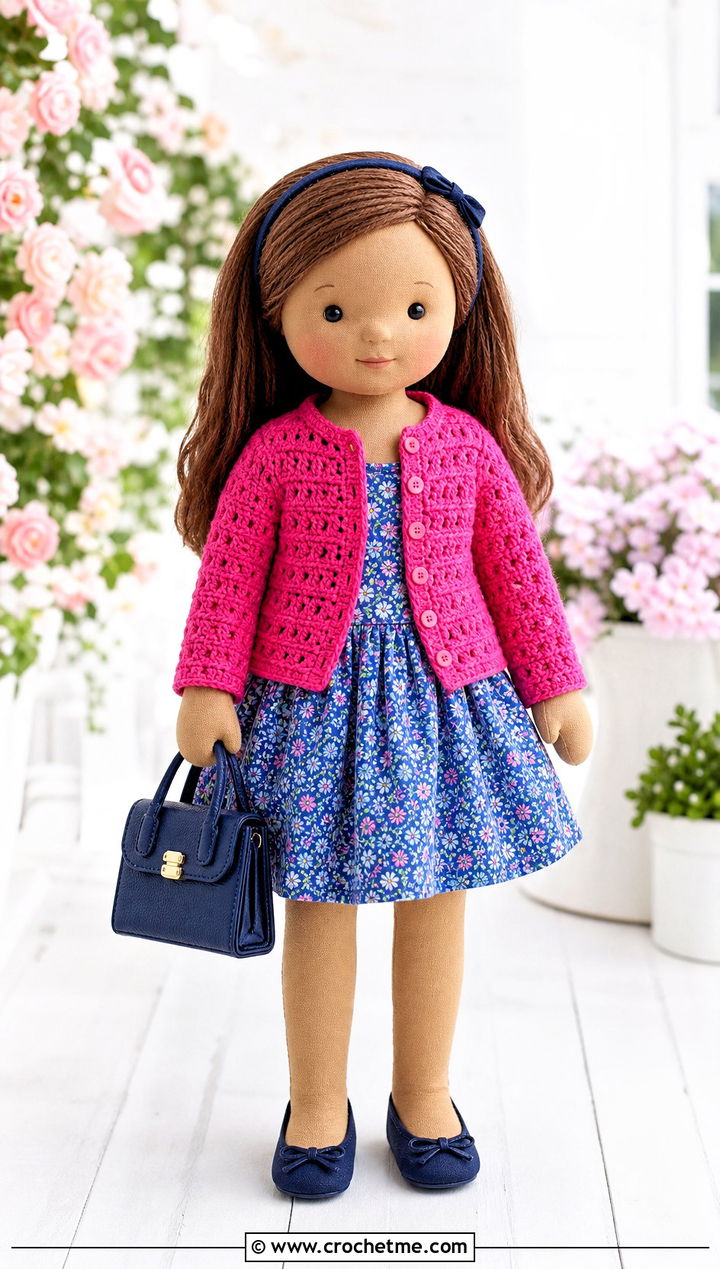 Button Front Toy Cardigan With Floral Dress - 25 Crochet Sweater For Toy outfit ideas