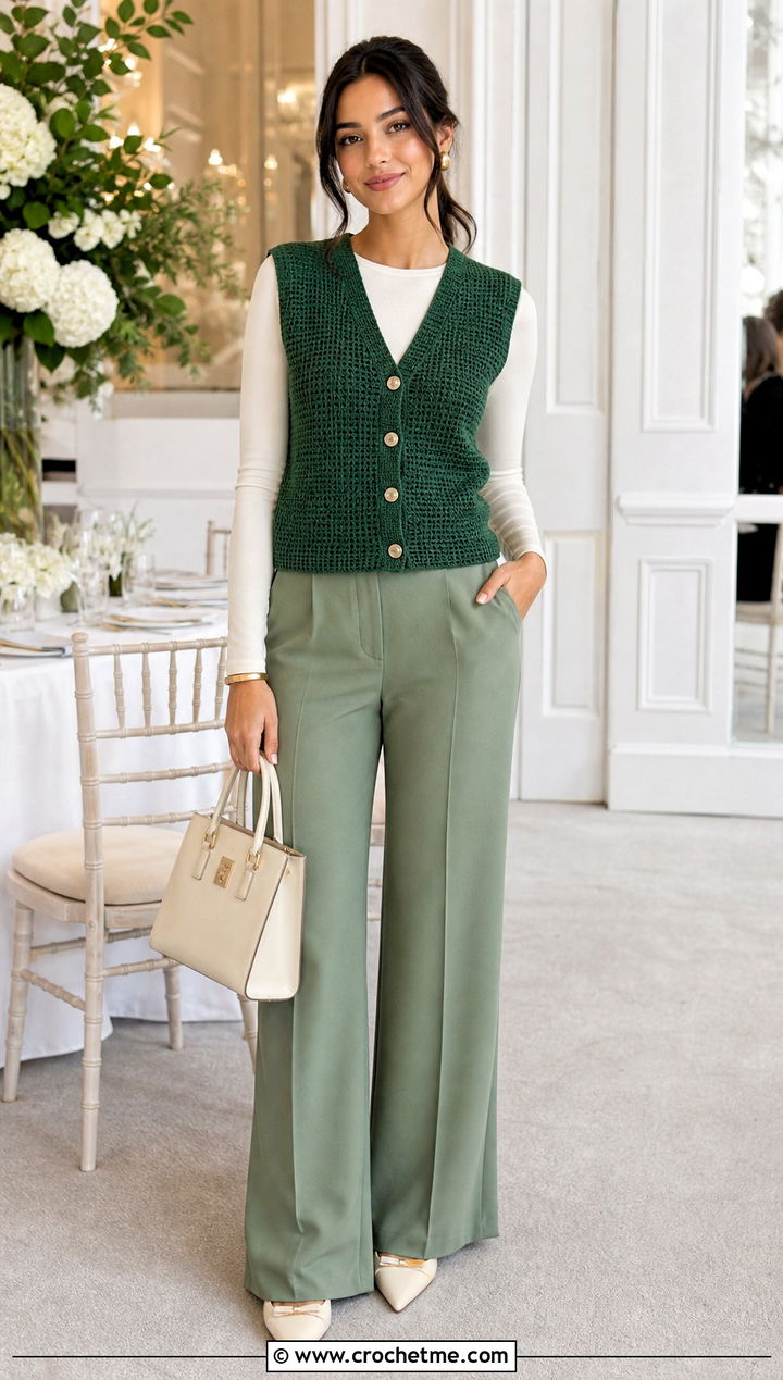 Button Front Tunisian Crochet Sweater Vest With Matching Trousers - 25 tunisian crochet sweater vest outfit ideas