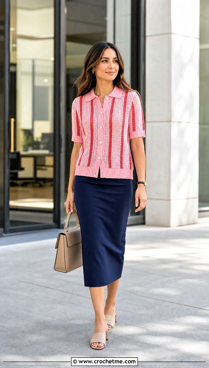Button Front Vertical Stripe Crochet Sweater Polo With Pencil Skirt - 15 vertical stripe crochet sweater polo outfit ideas