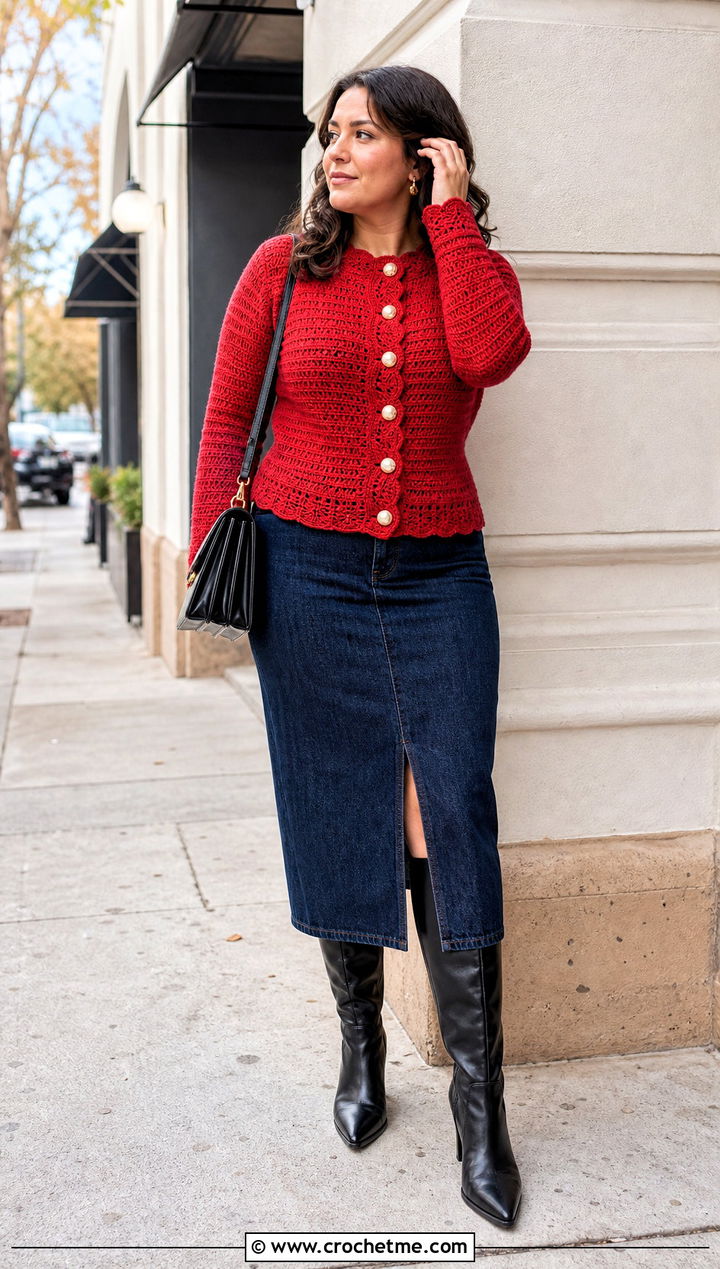 Button Front Victorian Crochet Cardigan With Denim Midi Skirt - 15 Victorian Style Crochet Cardigan outfit ideas