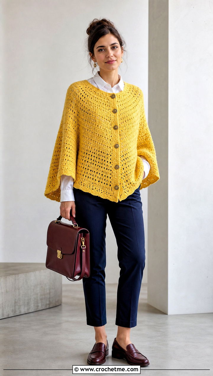 Button Front Vintage Crochet Poncho With White Shirt - 15 Vintage Crochet Poncho outfit ideas