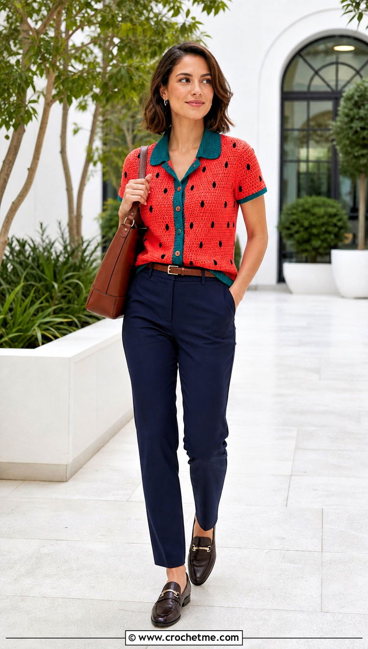 Button Front Watermelon Crochet Shirt Top With Chino Pants - 30 watermelon crochet top outfit ideas