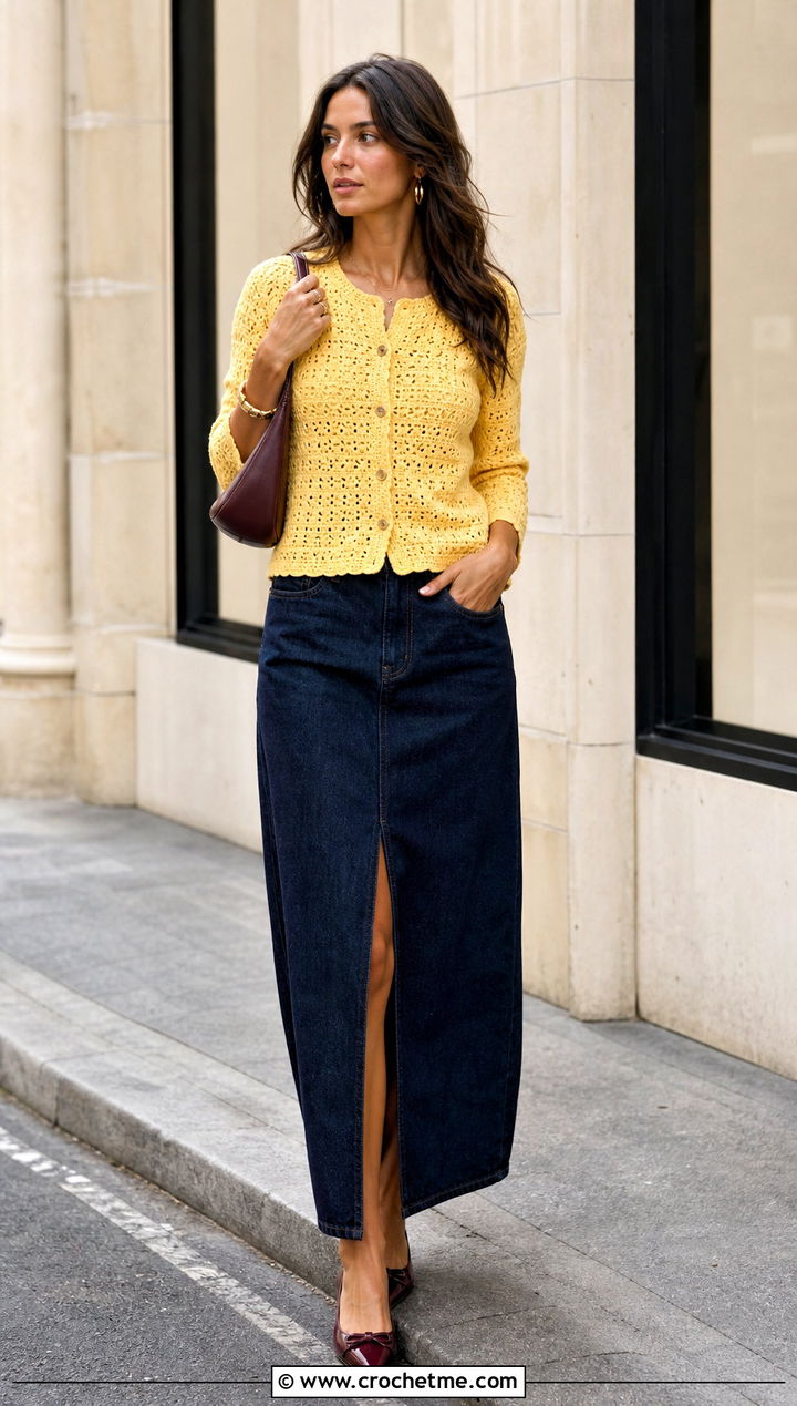 Button Front Yellow Crochet Cardigan With Denim Maxi Skirt - 30 yellow crochet cardigan outfit ideas