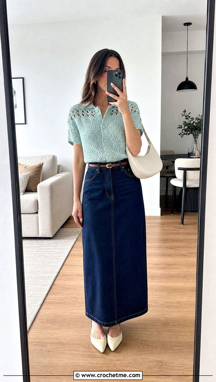 Button Front Yoke Crochet Shirt With Denim Maxi Skirt - 15 Crochet Yoke Shirt outfit ideas