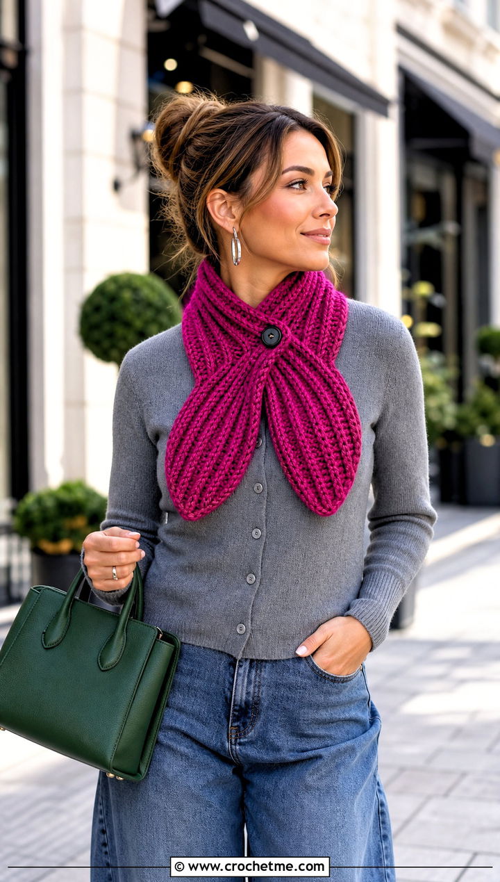 Button Loop Brioche Crochet Scarf With Cardigan And Jeans - 25 Brioche Crochet Scarf outfit ideas