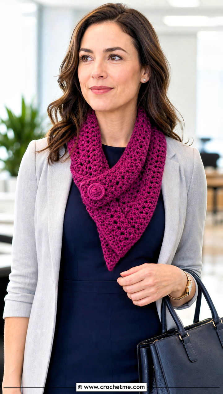 Button Loop Crochet Roll Up Scarf With Office Dress - 25 Crochet Roll Up Scarf outfit ideas