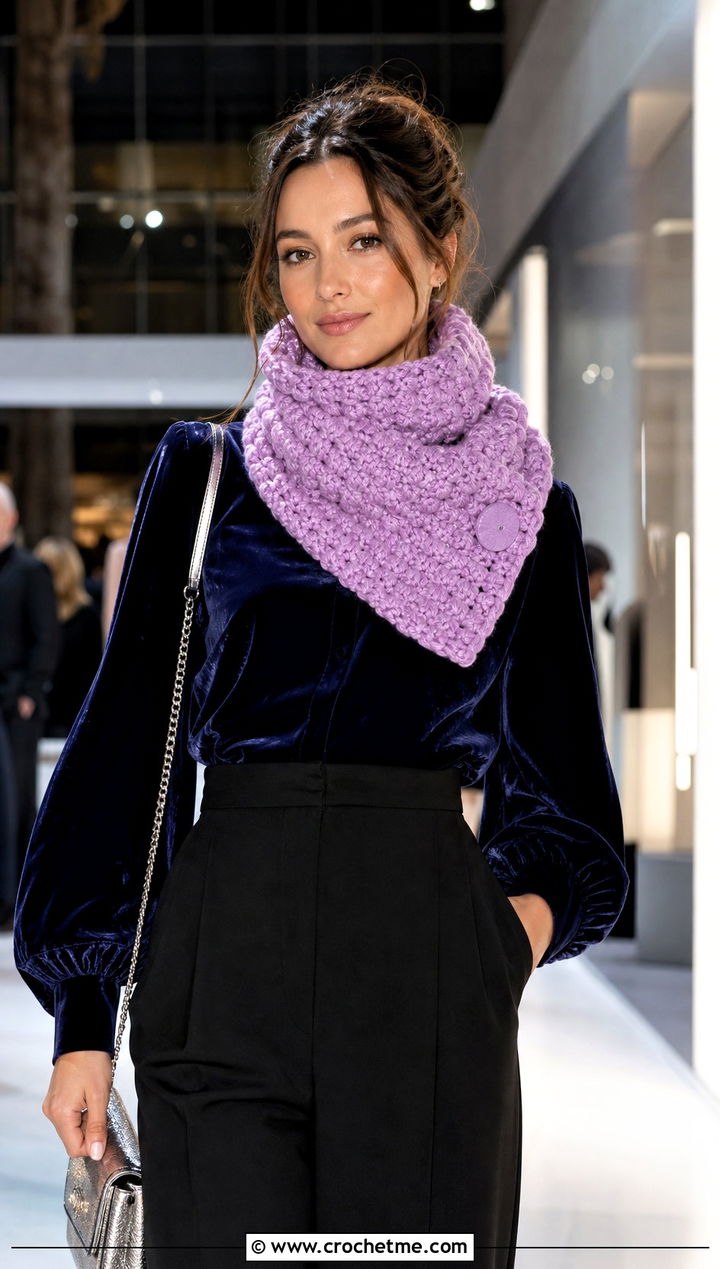 Button Loop Super Chunky Crochet Scarf With Party Outfit - 25 Super Chunky Crochet Scarf outfit ideas