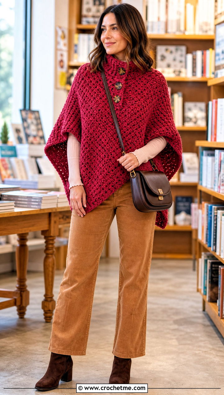 Button Neck Chunky Crochet Poncho With Corduroy Pants - 25 Chunky Crochet Poncho outfit ideas