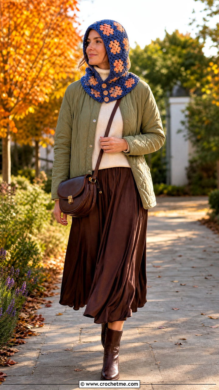 Button Neck Granny Square Balaclava With Quilted Jacket - 35 granny square balaclava outfit ideas