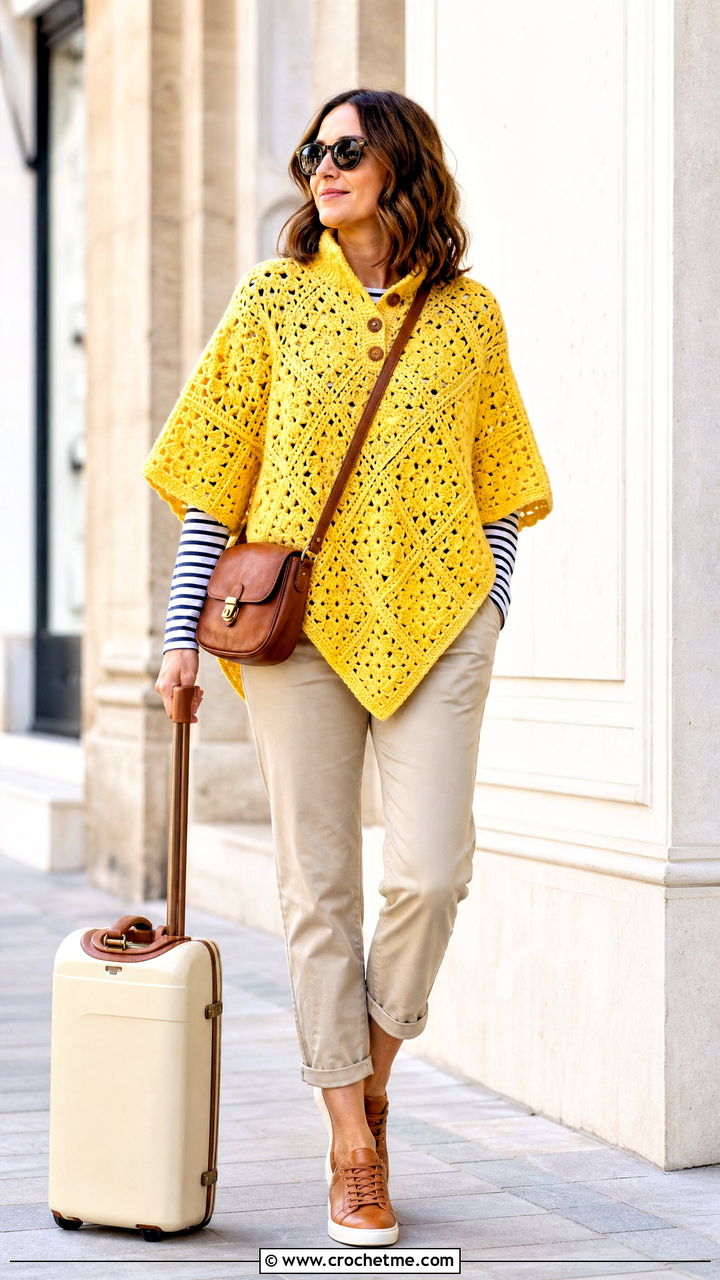 Button Neck Granny Square Poncho With Chinos - 35 crochet granny square poncho outfit ideas