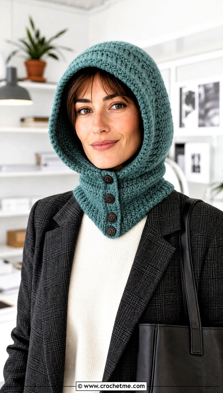 Button Neck Hooded Crochet Balaclava With Plaid Blazer - 30 hooded crochet balaclava outfit ideas