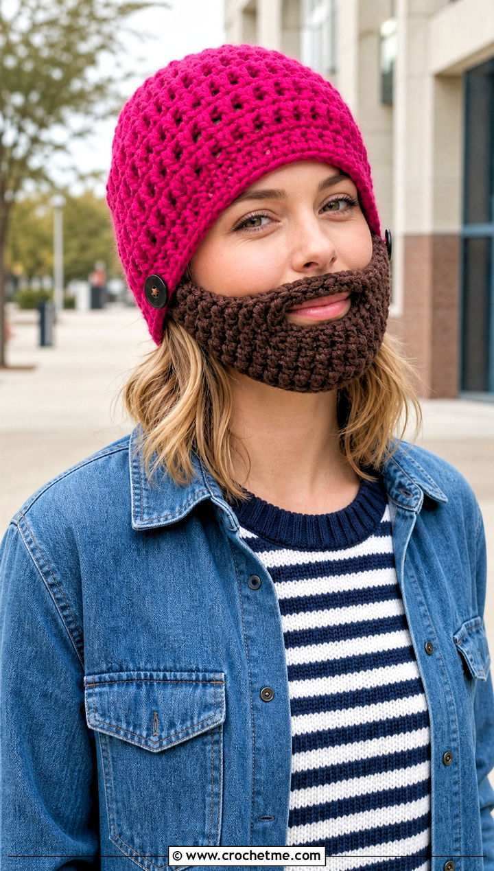 Button On Beard Crochet Beanie With Denim Overshirt - 25 Beard Crochet Hat outfit ideas