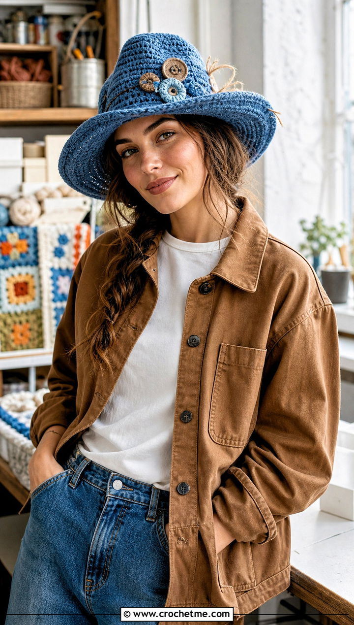 Button Patch Crochet Scarecrow Hat With Chore Coat And Barrel Jeans - 30 crochet scarecrow hat outfit ideas