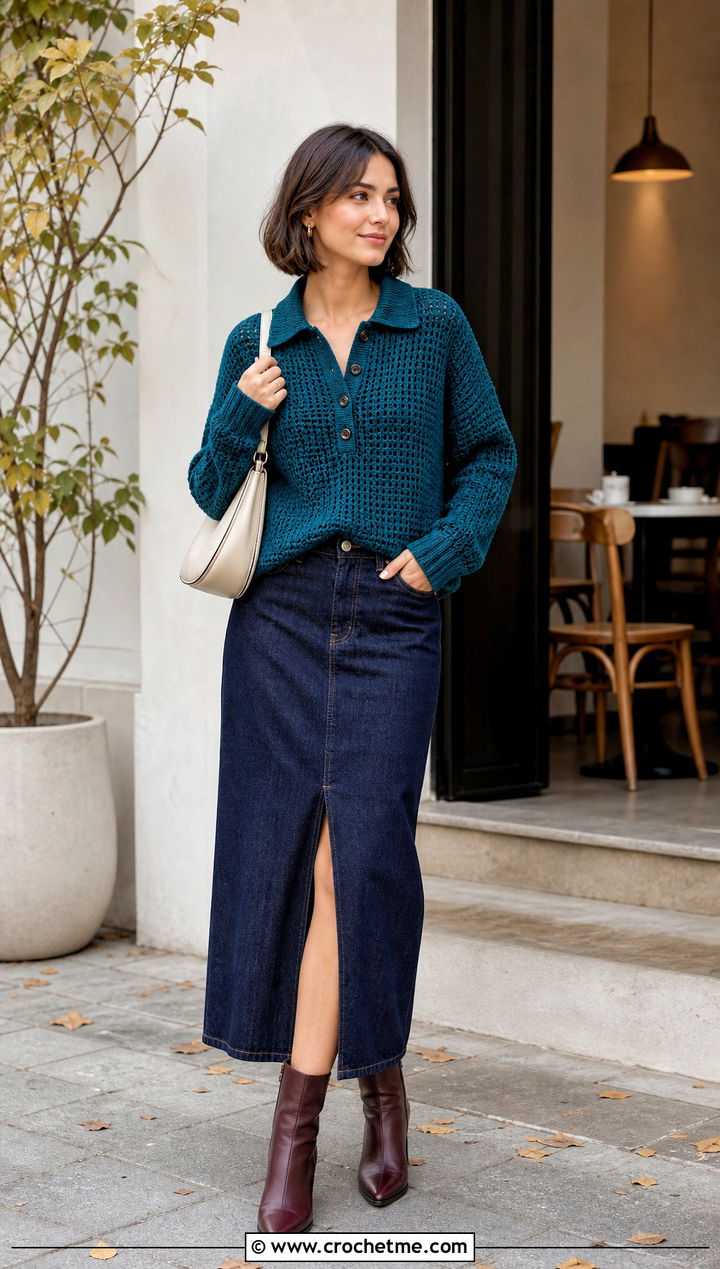 Button Placket Crochet Polo Sweater With Denim Skirt - 20 Crochet Collared Sweater outfit ideas