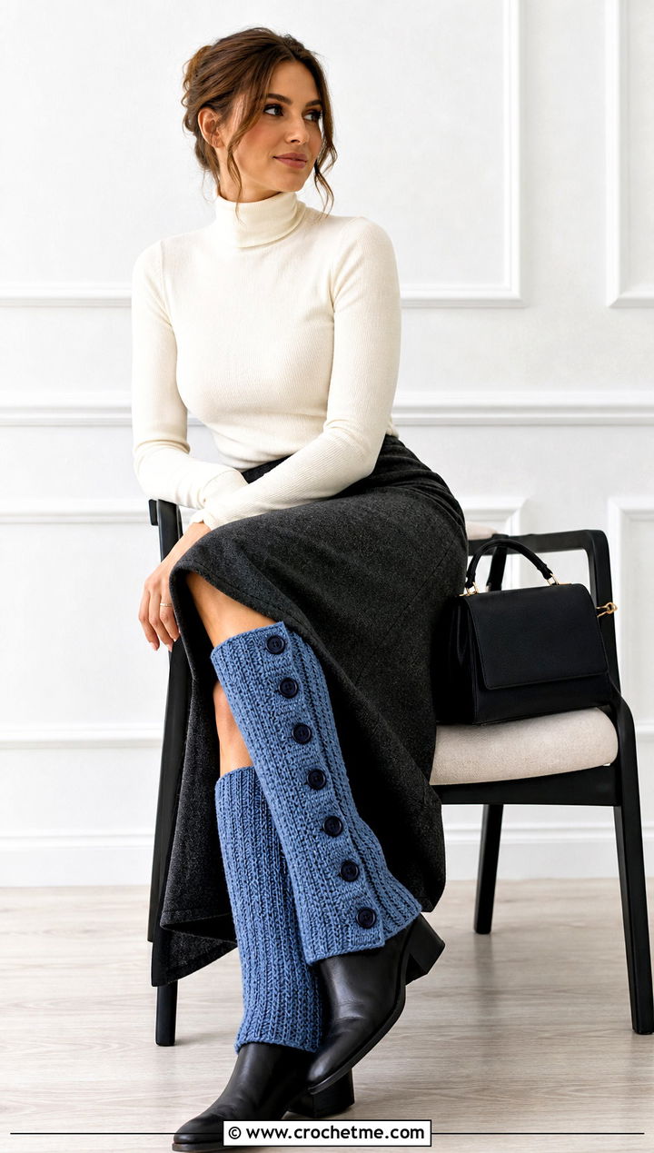 Button Side Crochet Leg Warmers With Midi Skirt And Turtleneck - 30 cute crochet leg warmers outfit ideas