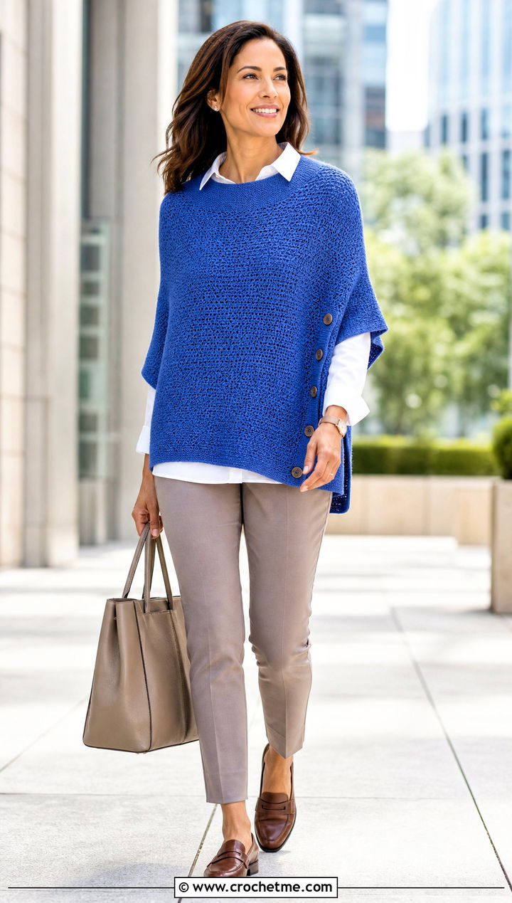 Button Side Crochet Poncho Sweater With Ankle Pants - 35 crochet poncho sweater outfit ideas