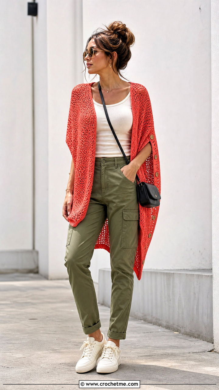 Button Side Crochet Poncho With Cargo Pants - 35 crochet ponchos outfit ideas