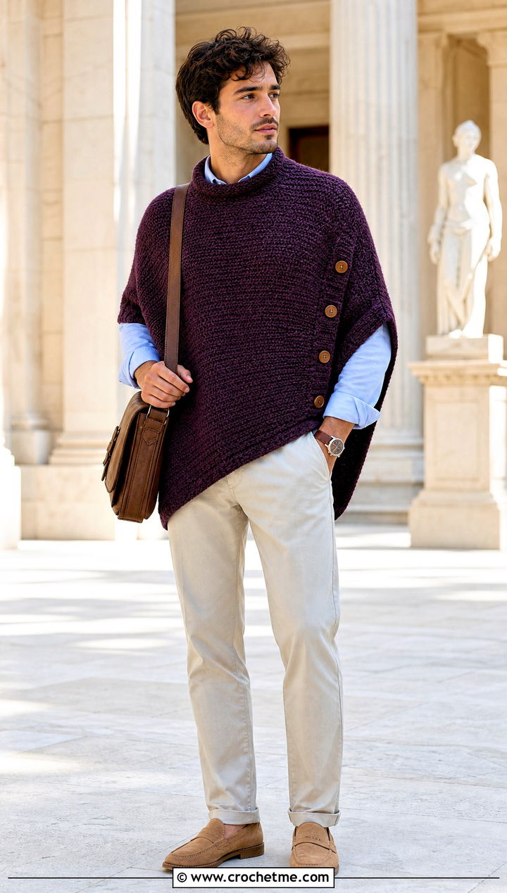 Button Side Crochet Poncho With Chinos - 25 mens crochet poncho outfit ideas