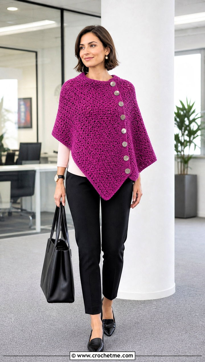 Button Side Crochet Poncho With Cigarette Pants - 25 ladies crochet poncho outfit ideas