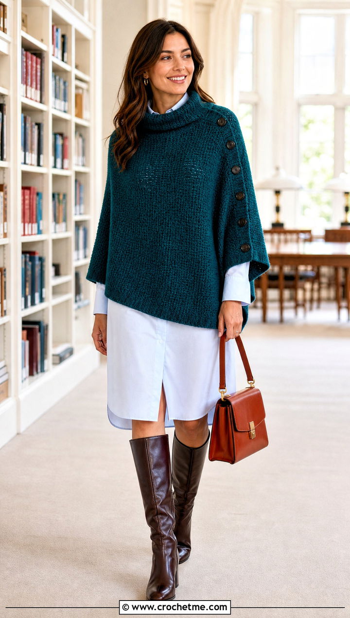 Button Side Crochet Poncho With Shirt Dress - 25 Beginner Crochet Poncho outfit ideas