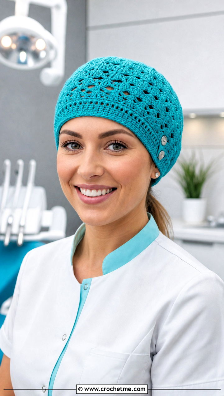 Button Side Crochet Scrub Cap With Dental Scrubs - 20 Crochet Scrub Cap outfit ideas