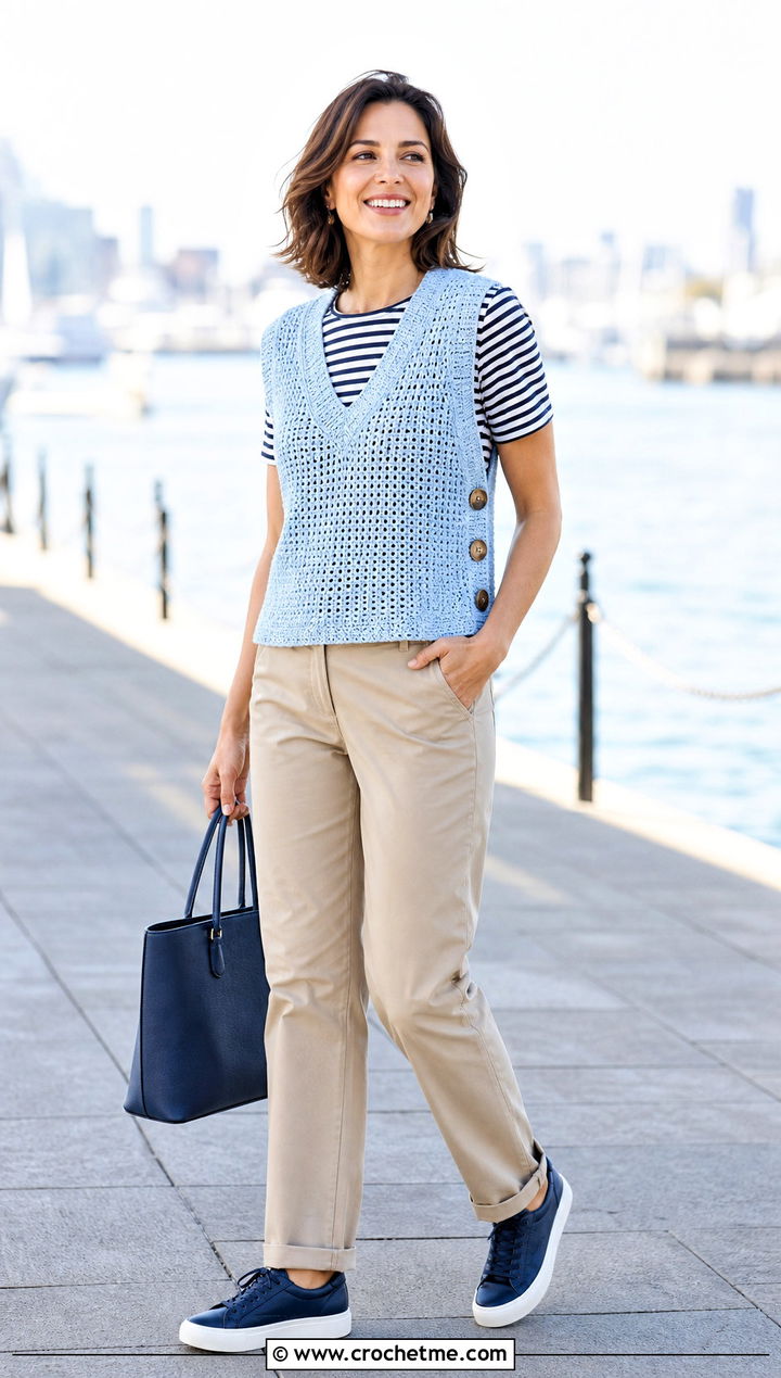 Button Side Crochet V Neck Vest With Chinos - 30 crochet v neck vest outfit ideas