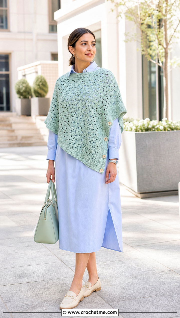 Button Side Flower Crochet Poncho With Shirt Dress - 25 Crochet Flower Poncho outfit ideas