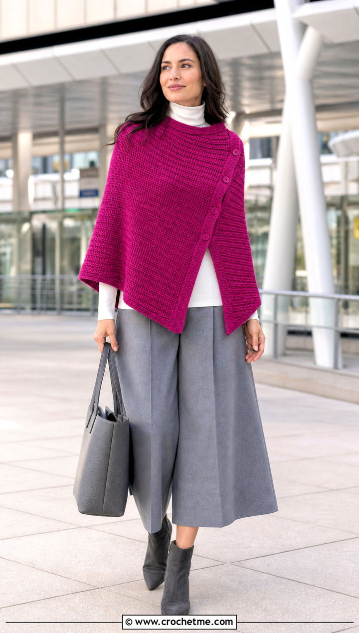 Button Side Tunisian Poncho With Culottes - 30 tunisian crochet poncho outfit ideas