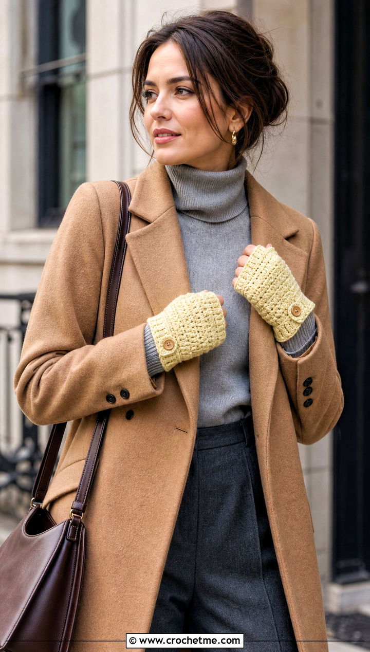Button Tab Convertible Crochet Fingerless Mittens With Wool Coat - 20 Convertible Crochet Fingerless Mittens outfit ideas
