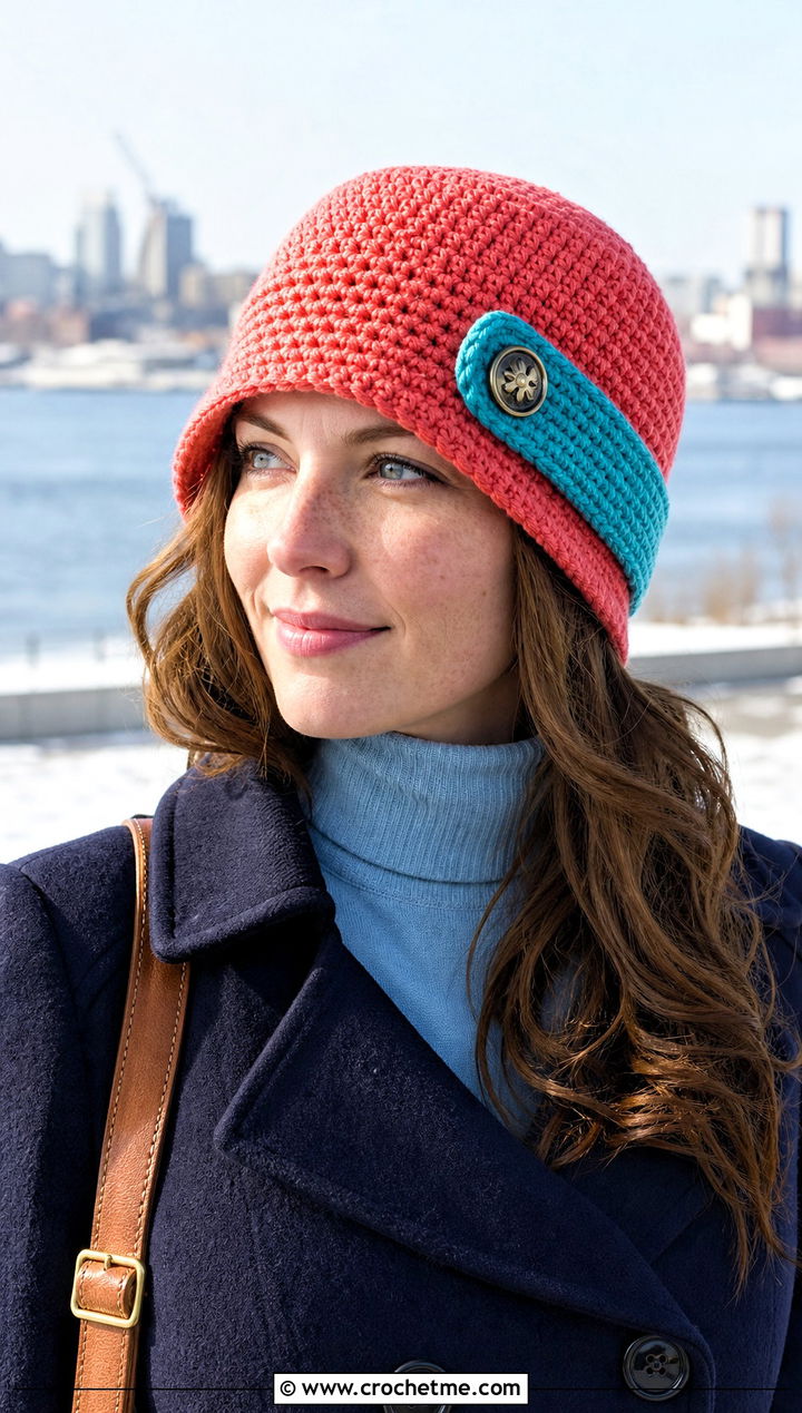 Button Tab Crochet Cloche Hat With Peacoat - 25 Cloche Crochet Hat outfit ideas