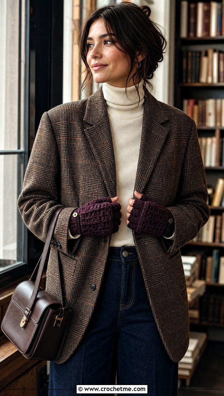 Button Tab Crochet Convertible Mittens With Blazer - 25 Crochet Convertible Mittens outfit ideas