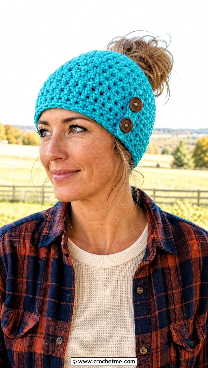 Button Tab Messy Bun Crochet Beanie With Flannel Shirt - 30 easy messy bun crochet beanie outfit ideas